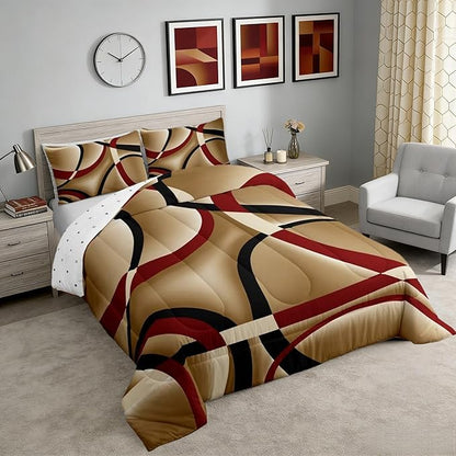 Retro Circle Comforter Set King Teens Red Brown Black Swirls Room Decor Stripe Line Art Bedding Set,Soft Lightweight Geometric Modern Duvet,Youth Young Man Quilt,1 Comforter + 2 Pillowcase