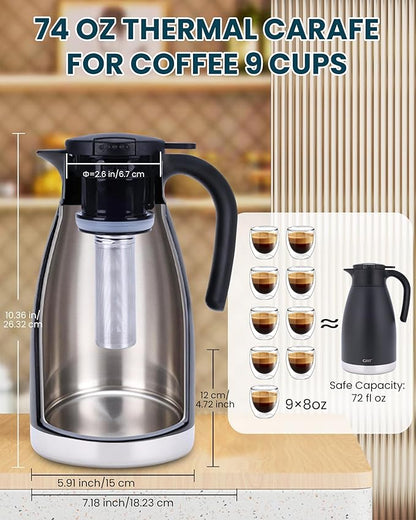 GiNT 74oz Thermal Coffee Carafe with Infuser – Insulated Tea Carafe, Removable Filter, Dishwasher-Safe | 2.2L 10+ Cups, Leak-Proof Seal & Pinch-Release | Stainless Steel for Office & Events