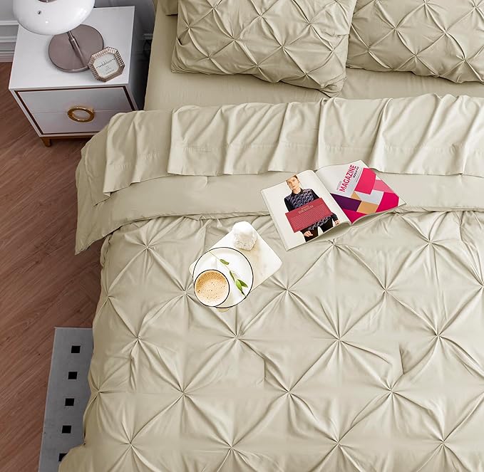 LANE LINEN Comforter Queen Size - Set of 7 Piece - Pintuck Stitch Design Bedding with 1 Comforter, 1 Flat Sheet, 1 Fitted Sheet, 2 Pillowcases & 2 Shams - Soft, Warm & Cozy Bedding Collection – Linen | Cozy not heavy, Cozy sleep surface, Very soft feel...
