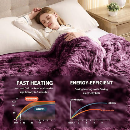 Homemate Heated Blanket Electric Throw - 50"x60" Heating Blanket Throw 1/2/4/6/8 Hours Auto-Off 10 Heat Level Over-Heat Protection Luxury Faux Fur Sherpa ETL Certification