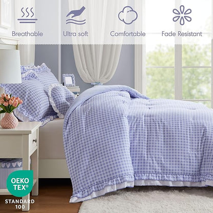 Intelligent Design Rowena Twin Comforter Set – Blue Gingham Ruffled Bedding, Vintage Farmhouse Style, Reversible All Season 3-Piece Bedding Set, Twin/Twin XL, Gift for Her