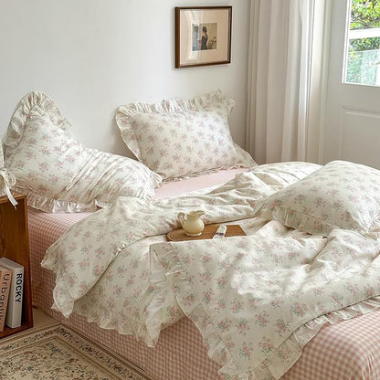 MKXI Queen Size Pink Floral Comforter Set - 3 Piece Ruffled Lace Bedding Set 1 Queen Comforter with 2 Pillowcases All Seasons, Soft Aesthetic Princess Style Floral Comforter for Girls, Women