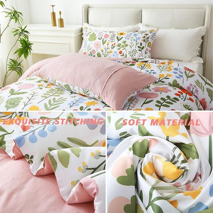 King Comforter Set Pink 3 Pieces Bed in a Bag, Colorful Floral Bedding Sets Elegant Botanical Bed Set, Lightweight Soft Comforter with 2 Pillowcases for All Season