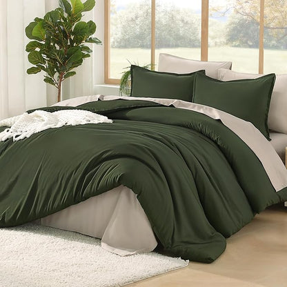 Litanika Comforter Queen Size Set Olive - 7 Pieces Bed in a Bag Queen Beddding Comforter Sets, Plain Lightweight Bed Set with Comforter, Sheets, Pillowcases & Shams