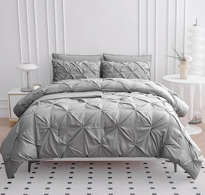 LANE LINEN Queen Comforter Set – 7 Pc Luxury Down Alternative - Pintuck Stitch Design Bedding - 1 Comforter, 1 Flat Sheet, 1 Fitted Sheet, 2 Pillowcases & 2 Shams - Easy Care Machine-Washable – Silver | Plush alt fill, Machine washable, Even warmth spr...