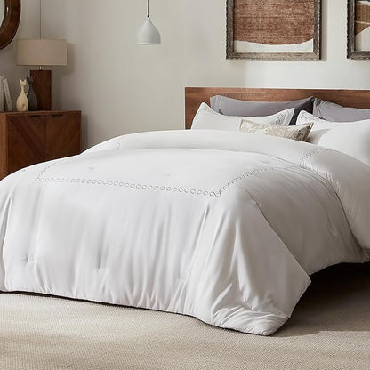 SLEEP ZONE Queen Comforter Set, Luxury Hotel Collection Comforter, 3 Pieces Fluffy Lightweight Down Alternative Duvet Insert with Embroidered Stripes (Wave Curves, Full/Queen)