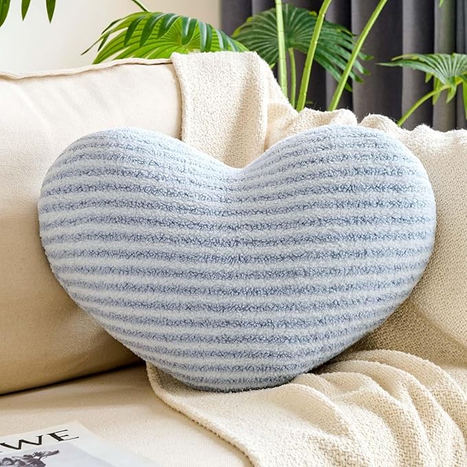 Dusty Blue Heart Pillows,12.9" Cute Heart Decorative Pillow, Stripe Heart Shaped Plush Throw Pillows for Bed