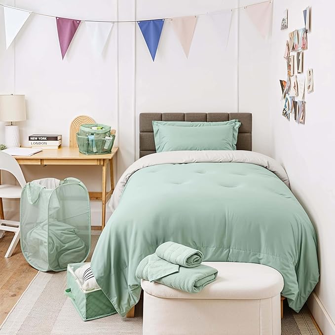 Hearth & Harbor Complete Dorm Room Set, Twin XL Comforter Set, Sheet Set, Mattress Protector, Towels and Organizers - All Dorm Accessories Included
