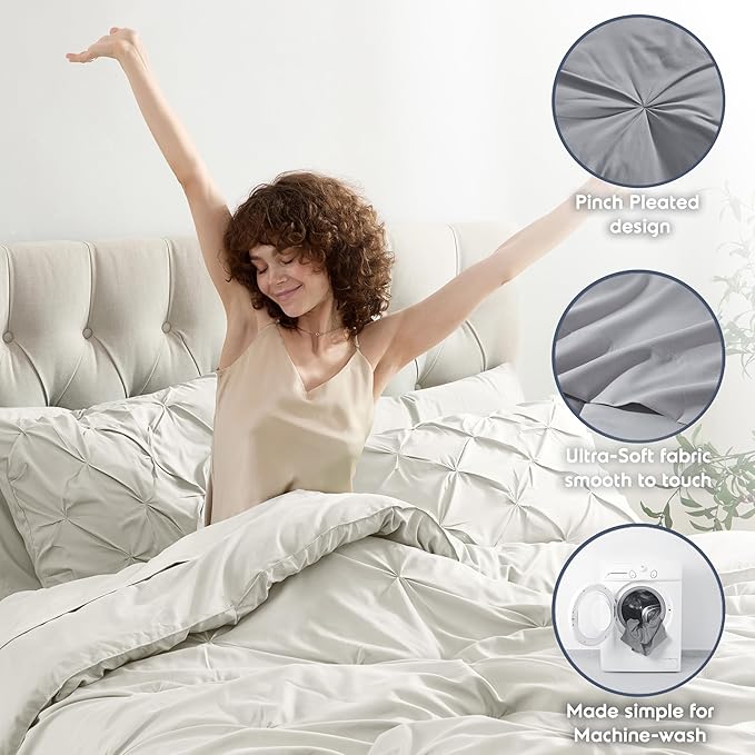 Nestl King Size Comforter Set - 7 Piece Pinch Pleated Bed in a Bag, Off White, All Season Bedding With Flat Sheet, Fitted Sheet, Pillowcases and Shams