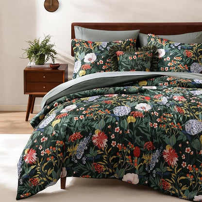 WRENSONGE Queen Comforter Set-7 Pieces Green Botanical Floral Bedding, Flowers Printed Design Queen Bed in a Bag with Botanical Flowers Comforter, Sheets, Pillowcases & Shams