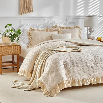 Flysheep Tufted Grids Ruffle Comforter Set Twin Size, 3 Pieces Beige Vintage Farmhouse Shabby Chic Comforters, Jacquard Boho Bohemian Bedding Set for Kids (1 Ruffled Comforter+ 2 Pillow Shams)