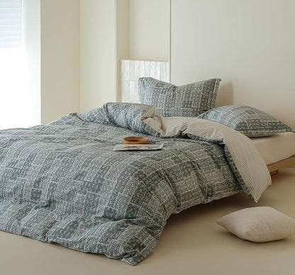 Queen Size Cotton Comforter Set, 3Pcs Blue Patchwork Duvet for All Seasons, Luxury Warmth Breathable Bedding Set with 1 Lightweight Comforter and 2 Pillow Shams
