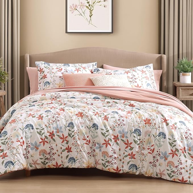 CASAAGUSTO Queen Comforter Set, 7 PCS Clay Pink Floral Comforter Set with Flowers Leaves Pattern, Soft Seersucker Design All Season Queen Size Bedding Set(90"X90")