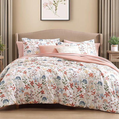 CASAAGUSTO King Comforter Set, 7 PCS Clay Pink Floral Comforter Set with Flowers Leaves Pattern, Soft Seersucker Design All Season King Size Bedding Set(102"X90")