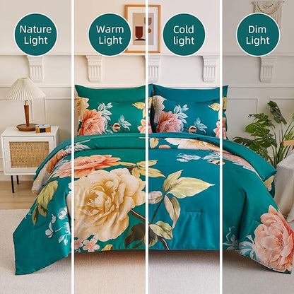 Drucon Floral Comforter Set King Size 7 Pieces Bed in a Bag, Teal Blue Floral Bedding Set, Soft Microfiber Comforter and Sheet Set for All Season (King, 104"x90")