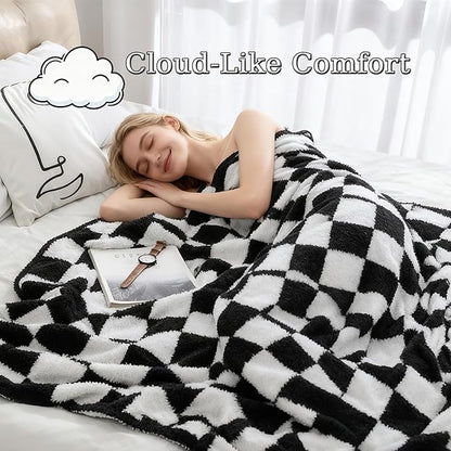 MorroMorn Checkered Throw Blanket for Couch, Black Throw Blanket 2-Layers Soft Cozy Fleece Plaid Blankets Checkerboard Grid - Fluffy Fuzzy Plush Warm for Sofa Chair Bed Decor Gift, 50x60 inches