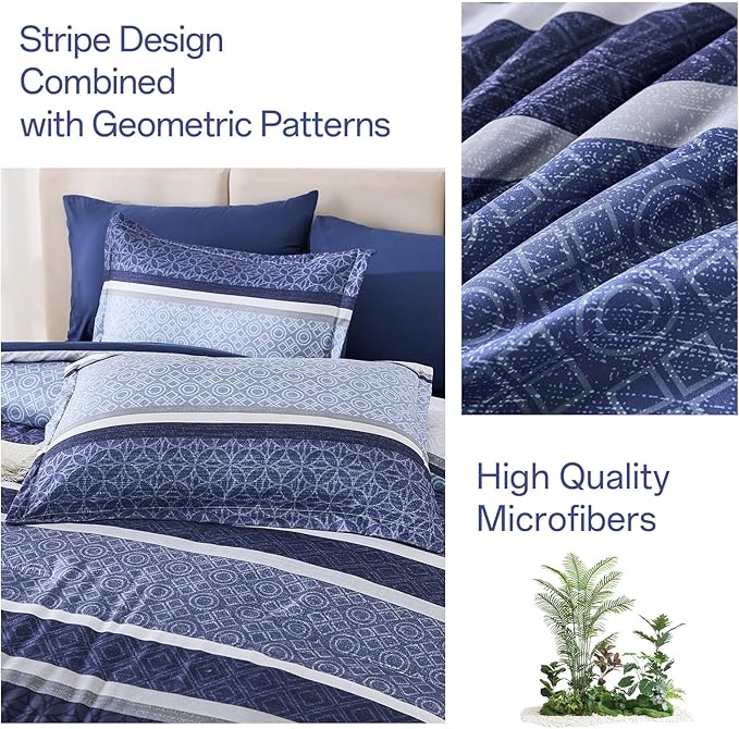 WONGS BEDDING Comforter Set King Size 7 Pieces,Navy Blue Striped Bed in a Bag Comforter and Sheet Set,Patchwork Soft Lightweight Micorfiber Bedding Set for All Seaon (90"×104")