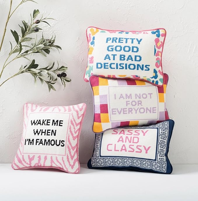 Peking Handicraft Sassy and Classy 14" x 10" Embroidered Needlepoint Throw Pillow, Blue/White/Pink