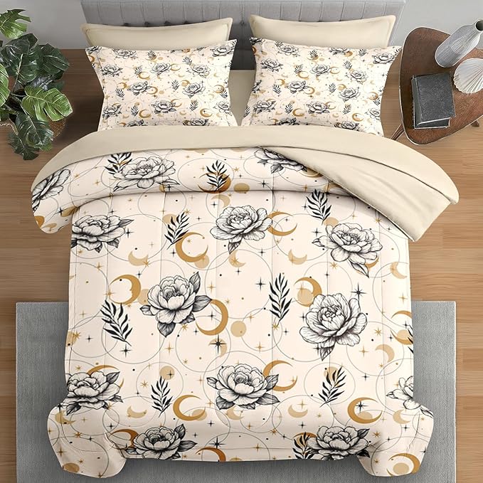 Comforter Set Twin Size, Lilies Orange Pink Flowers 5 Pcs Bedding for Kids and Adults, Floral Blossom Hawaii Bed Sheet Sets with Fitted Sheet Pillowcase & Sham for Bedroom Bed Decor