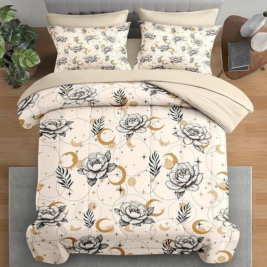 Comforter Set King Size, Flower Boho Astrology 7 Pcs Bedding for Kids and Adults, Tarot Bohemian Floral Bed Sheet Sets with Fitted Sheet 2 Pillowcases & 2 Shams for Bedroom Bed Decor