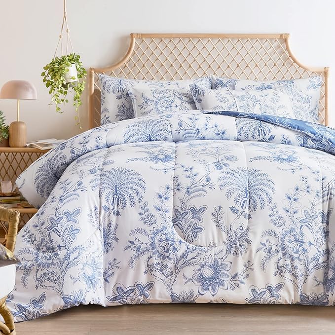 Flysheep Botanical Bed in a Bag Twin Size 6 Pieces, Reversible Blue and White Flower Printed Comforter Bedding Set (1 Comforter, 1 Flat Sheet, 1 Fitted Sheet, 2 Pillow Shams and 1 Pillowcase)