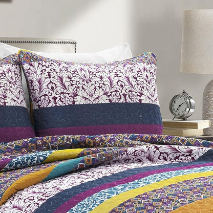 Lush Decor Boho Stripe Reversible Cotton Quilt 3-Piece Set, King, Plum & Yellow - Bold Colorful Bohemian Bedding Set