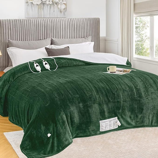 greenoak Heated Blanket Electric King Size 100"X90" Dual Control, Heating Blankets with 10 Levels 8 Hours Auto-Off, Soft Sherpa Fluffy House Warming Gifts for Grandma Seniors Momt, Jade Green