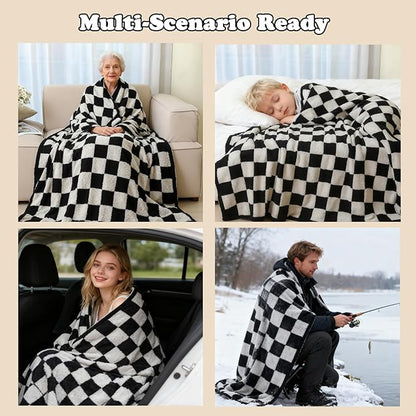MorroMorn Checkered Throw Blanket for Couch, Black Throw Blanket 2-Layers Soft Cozy Fleece Plaid Blankets Checkerboard Grid - Fluffy Fuzzy Plush Warm for Sofa Chair Bed Decor Gift, 50x60 inches