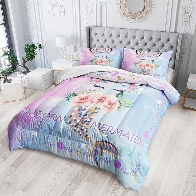 Cartoon Mermaid Tail Comforter Sets Full Size, Bedding Sets for Kids,Flowers and Scallops Comforter Sets All Season 1 Comforter and 2 Pillowcases