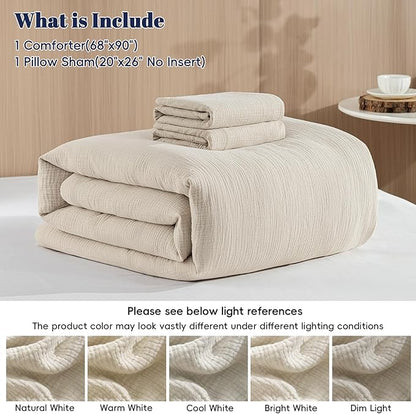 PHF Cotton Muslin Comforter Set Twin – 100% Cotton Cover, Ultra Soft & Breathable, 2PCS Lightweight All-Season Bedding with Polyester Fill, 1 Comforter 68"x90" & 1 Pillow Sham 20"x26", Natural