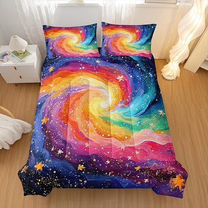 Rainbow Starry Sky Pattern Comforter Modern Abstract Comforter Set,Rainbow Starry Sky Bedding Set Queen Size,Mordern Art Decor All Season Lightweight Soft Microfiber with 2 PillowShams