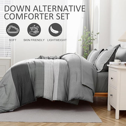 Anibedding Grey Comforter Set Full Size 7 Pieces, Ombre Striped Bed in a Bag with Sheet Sheet, Boho Patchwork Down Alternative Comforter Bedding Set for All Season （78''x90''