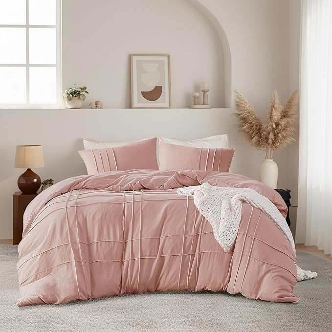 King Size Comforter Set Pink, 3 Pieces Bedding Set, Ultra Soft Prewashed Bed Set, Pinch Pleat All Seasons Lightweight Comforter and Shams