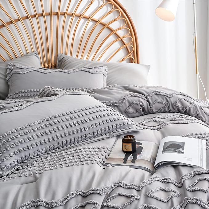 KAKIJUMN Grey Tufted Comforter Set King Size 7 Piece Bed in a Bag, Shabby Chic Boho Comforter and Sheet Set, Pom Pom Textured Bed Set, All Season Soft Microfiber Complete Bedding Set(Grey,King)