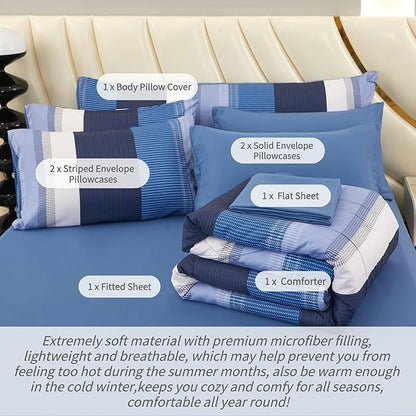 RYNGHIPY Navy Blue Comforter Set Full Size: 8 Pieces Bedding Set Colorblock Stripe Lightweight Soft All Season Comforter Sets with Sheets Pillowcases (Full,Navy)