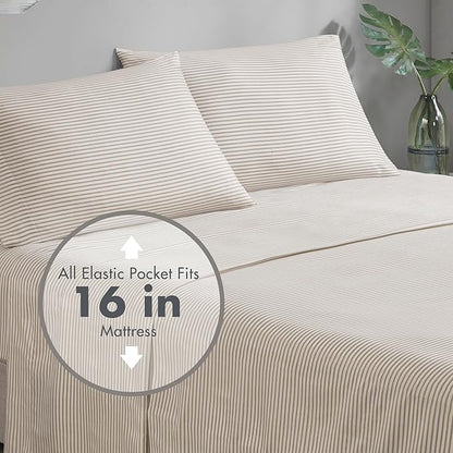 Madison Park Essentials King Comforter Set, Bed in A Bag Comforter & Sheet Set, Modern Casual Stripes Print, All Seasons, Soft Microfiber Bedding Makeover, Matching Shams, King Taupe/Grey 7 Piece