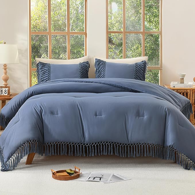 Andency Comforter Full Size Set Bluish Grey, Boho Lightweight Vintage Soft Bedding Comforter Sets, 3 Pieces Bed Set (79x90In Comforter & 2 Pillowcases)