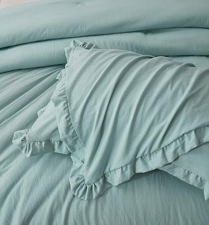 Chezmoi Collection Nora Aqua Comforter Set Full Size 3-Piece Fluffy Soft Lightweight Bedding Ruffled Edge Trim Stone-Washed Microfiber Comforter Set for All Season