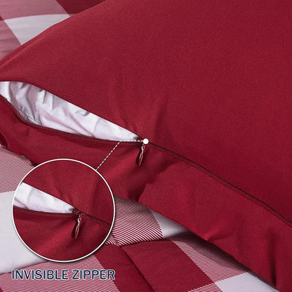 downluxe Lightweight Plaid Comforter Set (King) with 2 Pillow Shams - 3-Piece Set - Red/White Plaid - Down Alternative Reversible Comforter