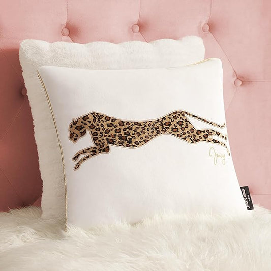Juicy Couture Reversible Velvet Cheetah Pillow, 18" x 18" Decorative Pillow, White