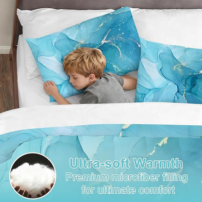 Modern Marbling Twin Comforter Set for Girls Marble Bedding Set Watercolor Pastel Blue Gold Comforter Set Marble Abstract Kids Bedding Set 2 Piece Bright Girly Comforter for All Age