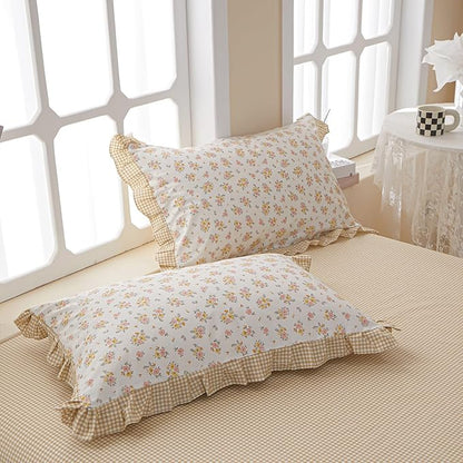 HighBuy Vintage Lace Comforter Set Full Size Girls Floral Bedding Comforter Set Cozy Yellow Grid Chic Princess Bedding Sets Boho with 2 Lace Ruffles Pillowcases,Aesthetic Floral Comforter Sets