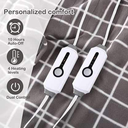 Electric Heated Blanket Queen Size 84"x90", Dual Controllers & Heating Zones, Soft Fleece for Bed, 10 Hs Auto Off & 4 Heating Levels, Machine Washable, Gifts for Family-Plaid Pattern, Light Gray