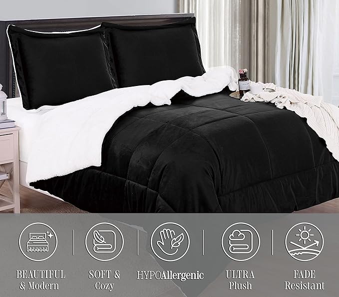 Elegant Comfort Super Soft Sherpa Comforter 2-Piece Set Premium Quality, Heavy Weight Reversible Down Alternative Micro-Suede, Sherpa Comforter, Twin XL, Black Satin