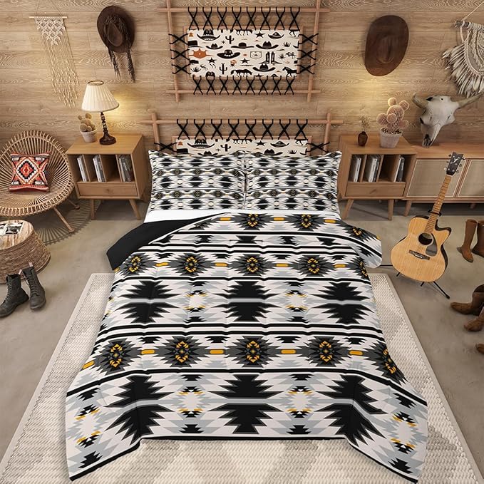 Erosebridal Western Aztec Queen Bedding Set for Boys, Bohemian Southwestern Comforter Set American Native Bedding Comforter Sets Indian Exotic Geometric Quilt Rustic Farmhouse Decor, Gray Black