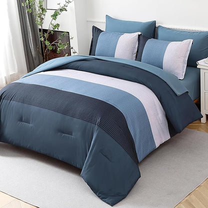 Anibedding Navy Blue Queen Bed in a Bag Comforter Set 7 Pieces Navy Striped Patchwork Bedding Set for Queen Bed, Soft Microfiber Reversible Down Alternative Complete Comforter with Sheet Set