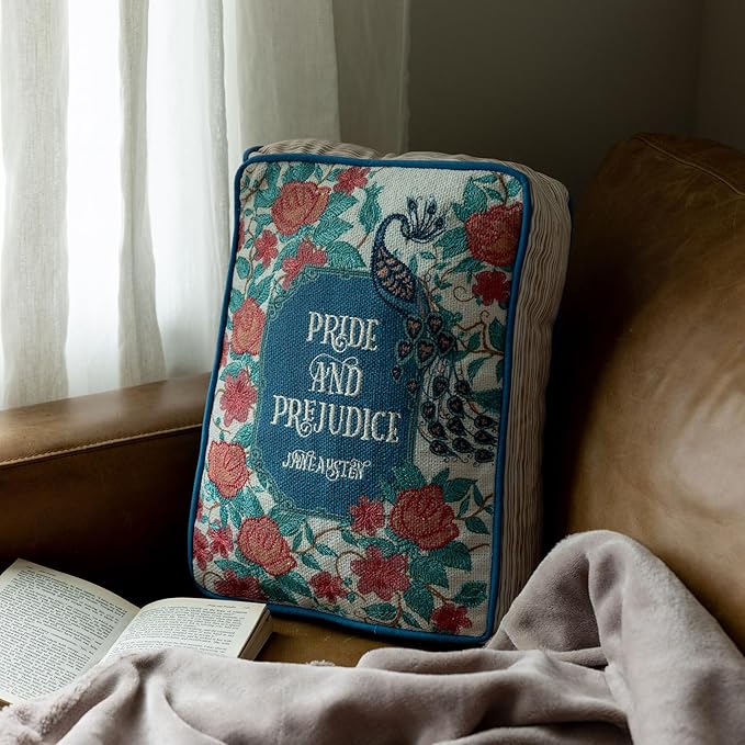 Steel Mill & Co. Book Shaped Throw Pillow, 14.5" x 10" Decorative Literary Pillow with Embroidered Cover, Printed Page Edges and Piping Detail for Mother's Day Gifting (Pride and Prejudice)