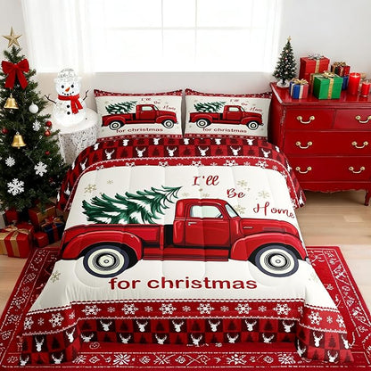 Red Christmas Truck Comforter Set Queen Size,Geometric Snowflake Antlers Plaid Bedding Set for Kids Girls Boys Room Winter Decor,Cartoon Xmas Pine Tree Quilt Set Vintage Trailer Duvet Insert,3pcs