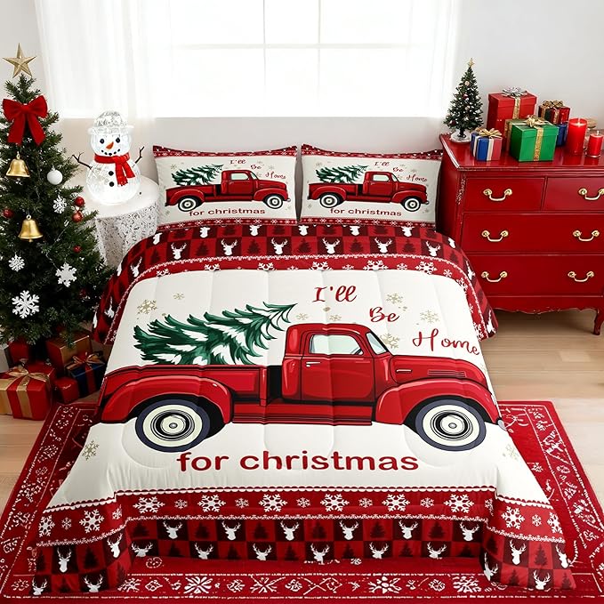 Red Xmas Truck Comforter Set Twin Size,Geometric Snowflake Antlers Plaid Bedding for Winter Room Decor,Merry Christmas Tree Quilted Duvet Vintage Trailer Bedspread,2pcs(CLS56ZMDI-BZ_USt)