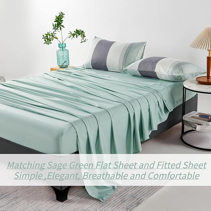 RYNGHIPY Sage Green Striped Comforter Set, Geometric Lightweight Soft Bedding Set, All Season Down Alternative Men Boy Comforter with Sheets Pillowcses (Full,Sage Green)
